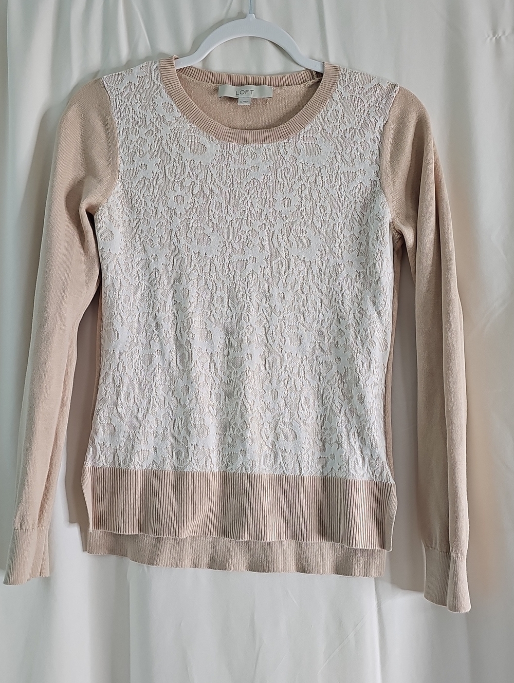 LOFT Lace-Front Crewneck Sweater in Blush and Ivory
